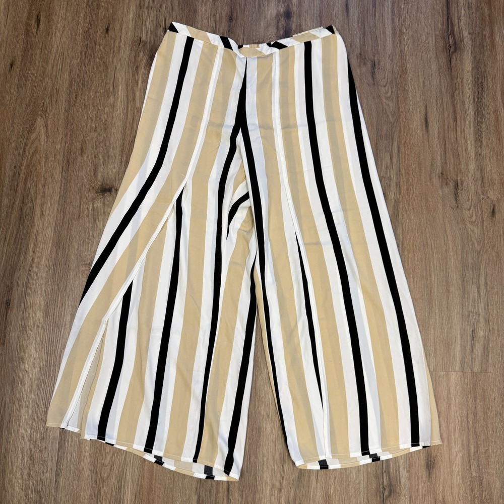 Soft Surroundings Split Palazzo Pants Womens PL Beige Striped Wide Leg 14P-16P